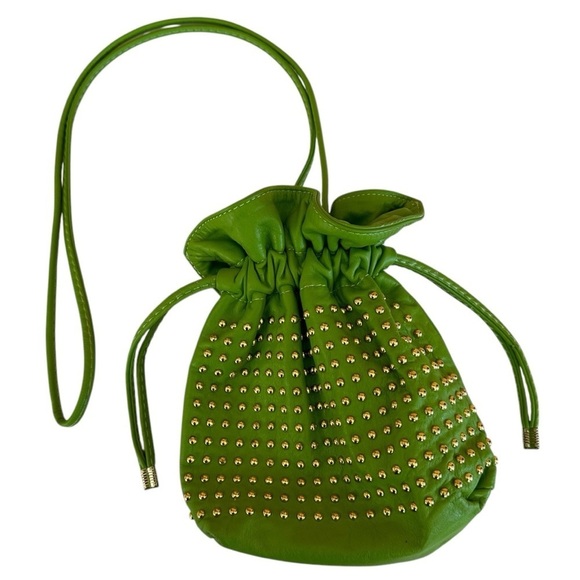 Gorgeous 100% Leather Green Bucket Bag Crossbody with Gold Rivets - Picture 1 of 8